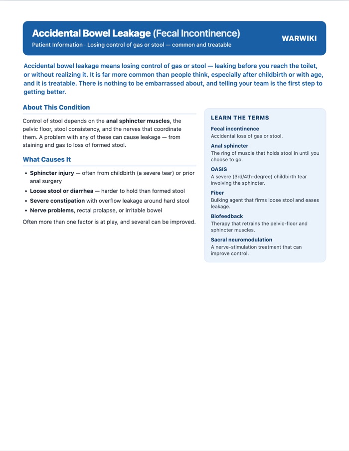 Accidental Bowel Leakage (Fecal Incontinence) — patient handout, page 1