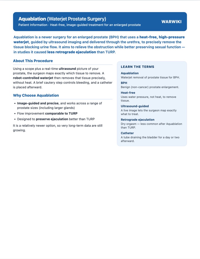 Aquablation (Waterjet Prostate Surgery) — patient handout, page 1