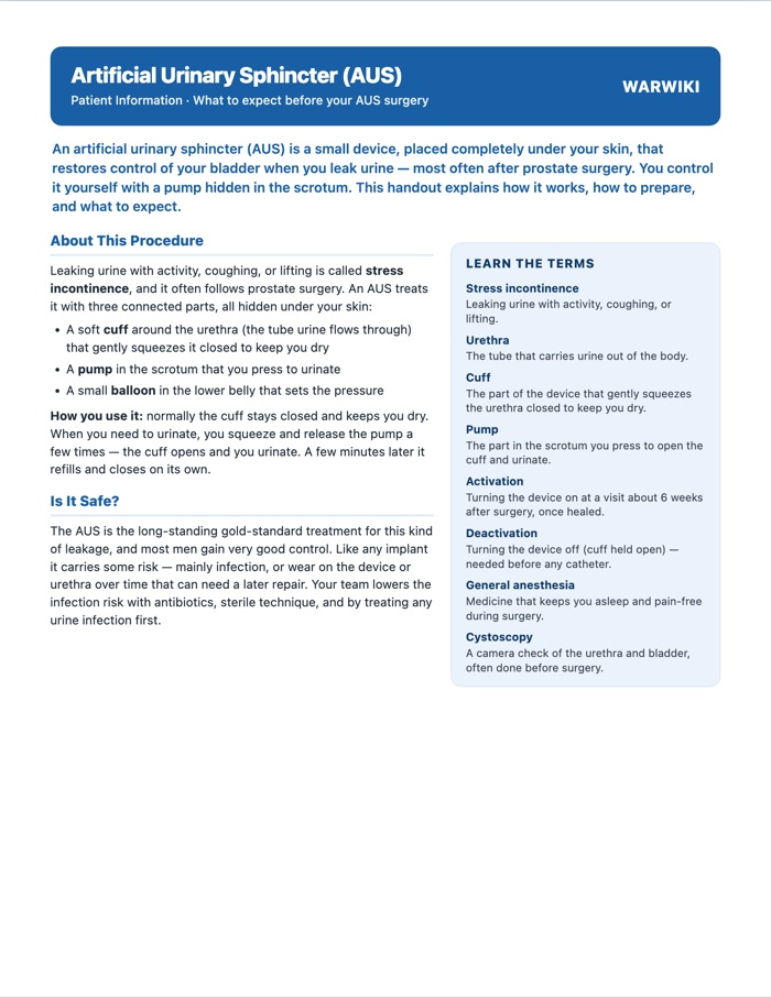 Artificial Urinary Sphincter (AUS) — patient handout, page 1
