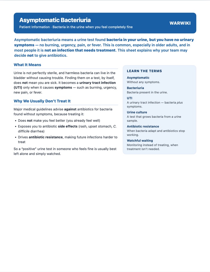 Asymptomatic Bacteriuria — patient handout, page 1