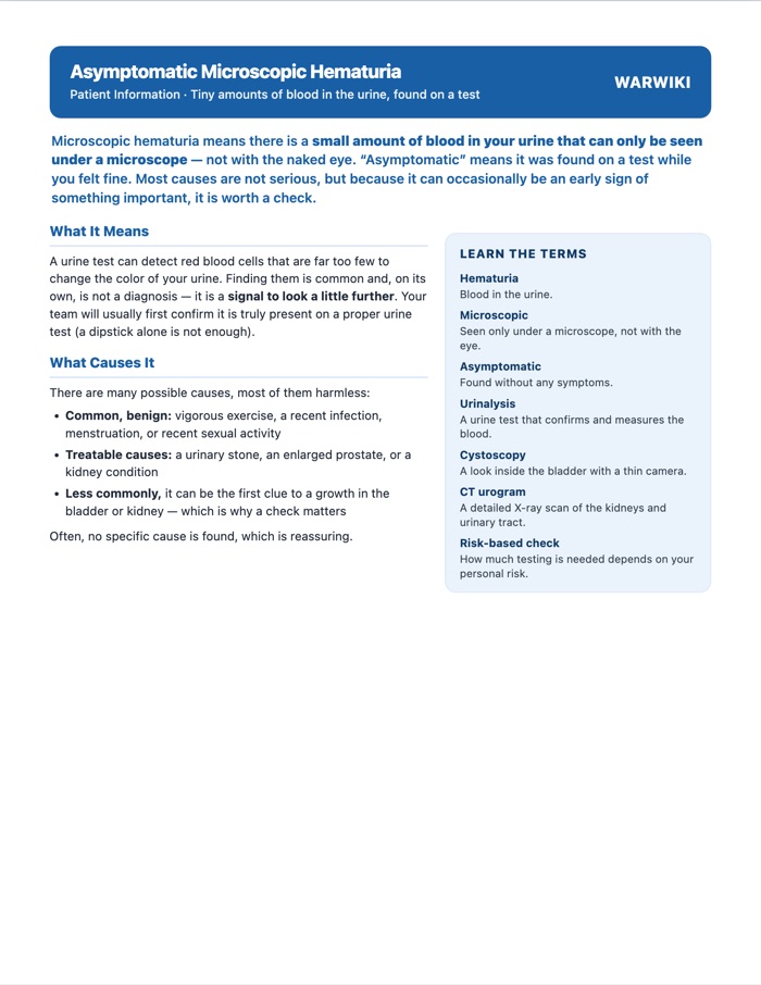 Asymptomatic Microscopic Hematuria — patient handout, page 1