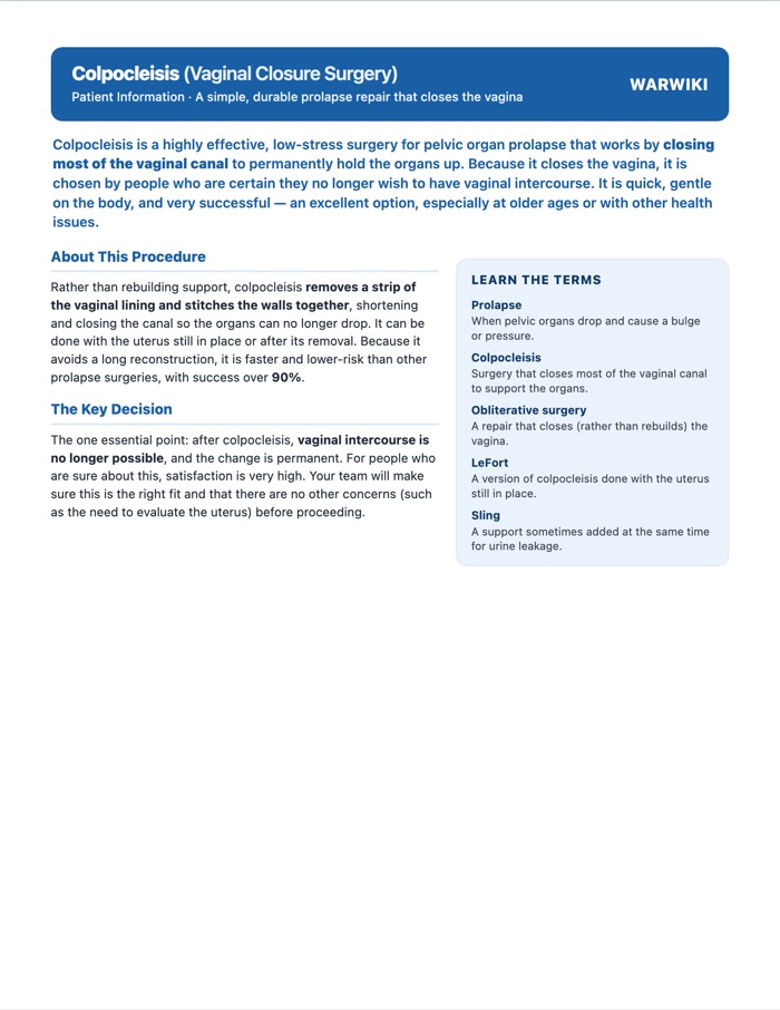 Colpocleisis (Vaginal Closure Surgery) — patient handout, page 1
