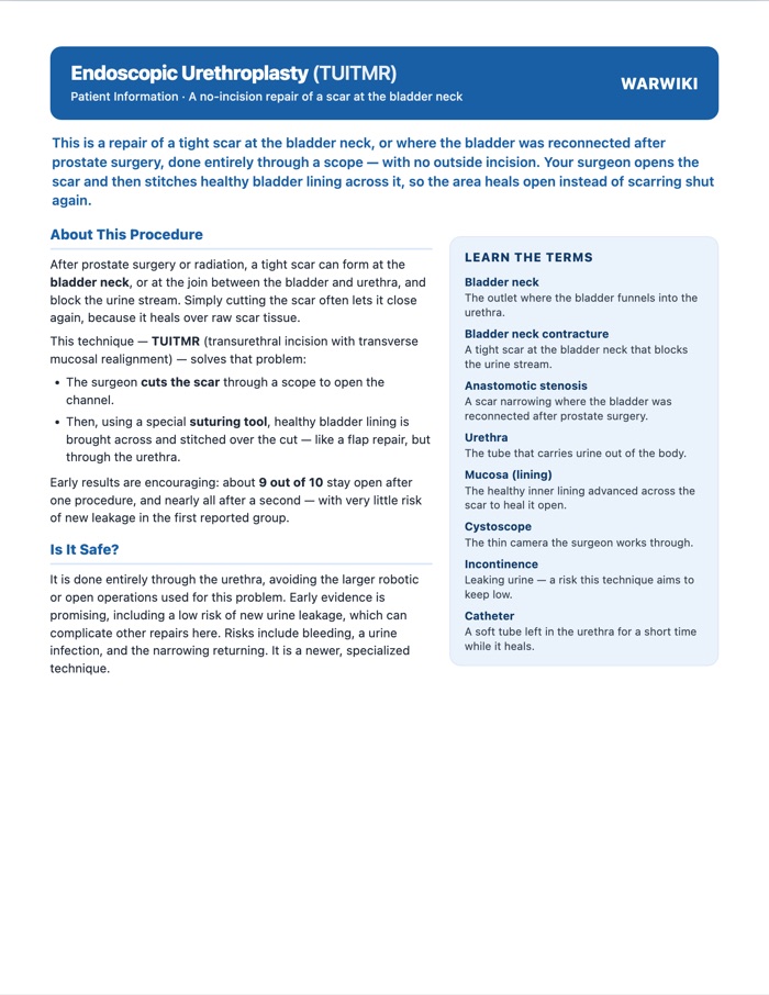 Endoscopic Urethroplasty (TUITMR) — patient handout, page 1