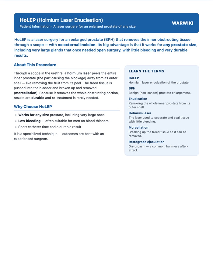 HoLEP (Holmium Laser Enucleation) — patient handout, page 1