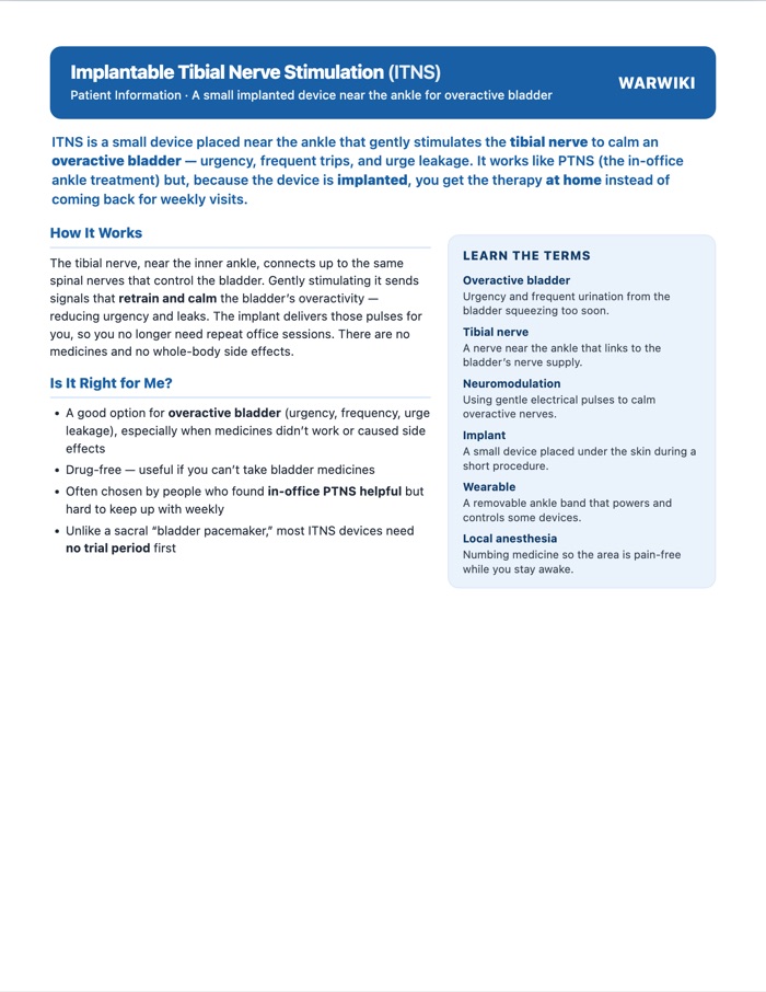 Implantable Tibial Nerve Stimulation (ITNS) — patient handout, page 1