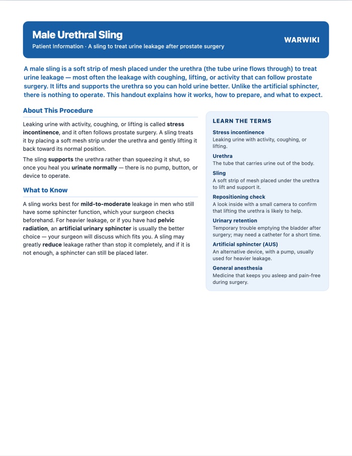 Male Urethral Sling — patient handout, page 1