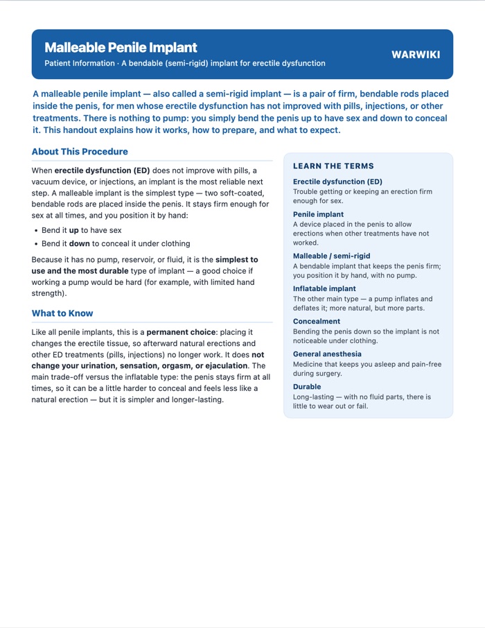 Malleable Penile Implant — patient handout, page 1