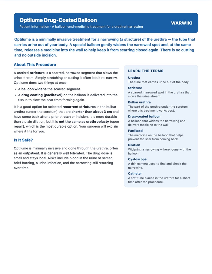 Optilume Drug-Coated Balloon (Urethral Stricture) — patient handout, page 1