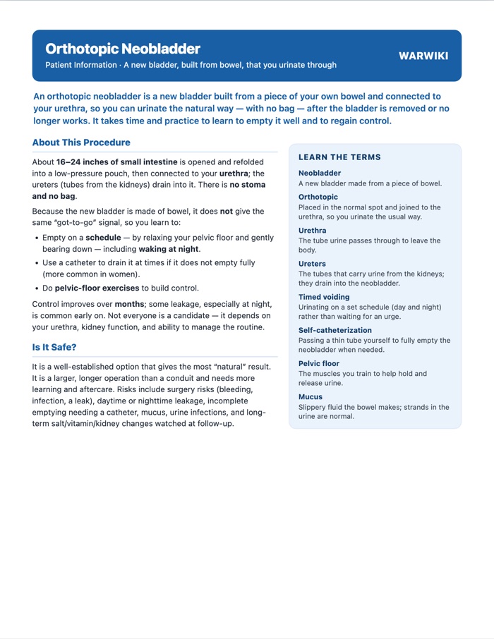 Orthotopic Neobladder — patient handout, page 1