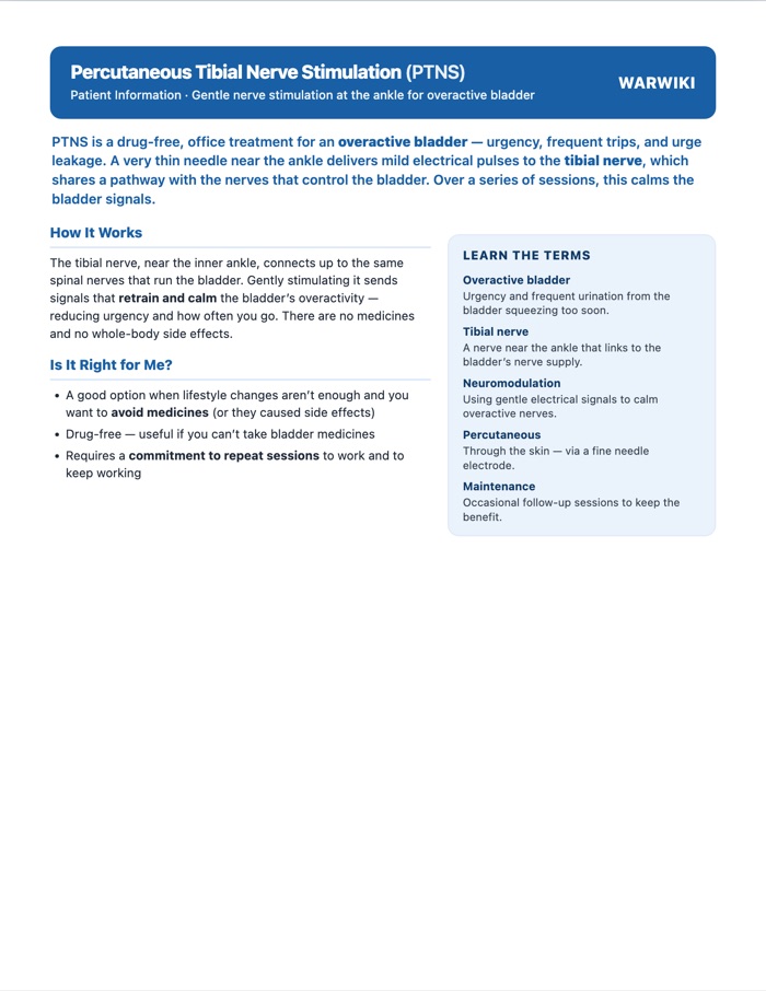 Percutaneous Tibial Nerve Stimulation (PTNS) — patient handout, page 1