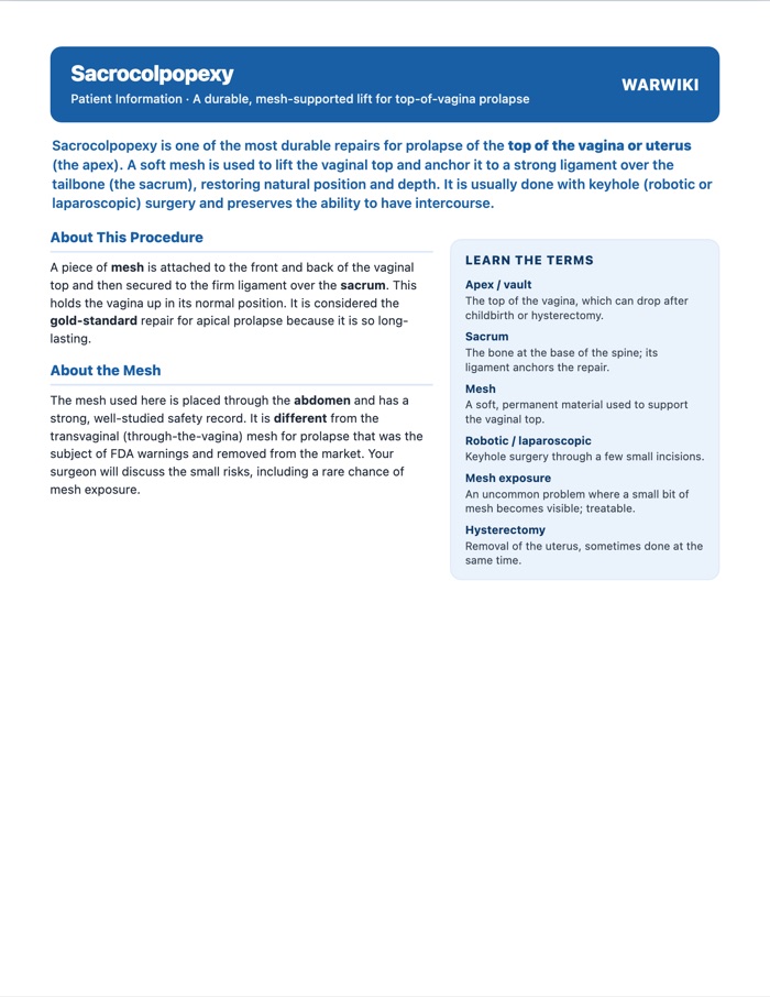 Sacrocolpopexy — patient handout, page 1