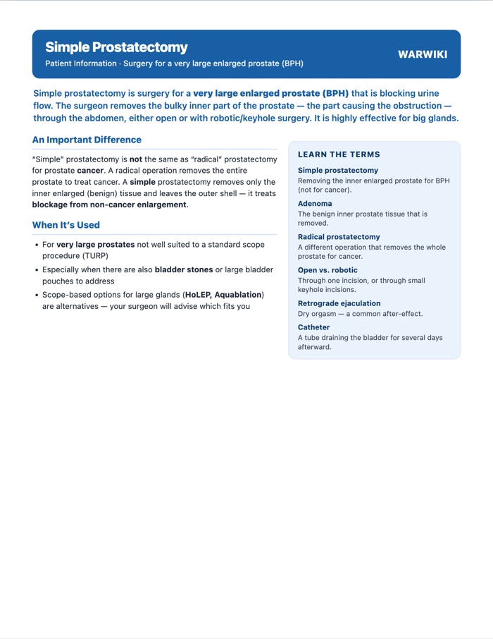 Simple Prostatectomy — patient handout, page 1