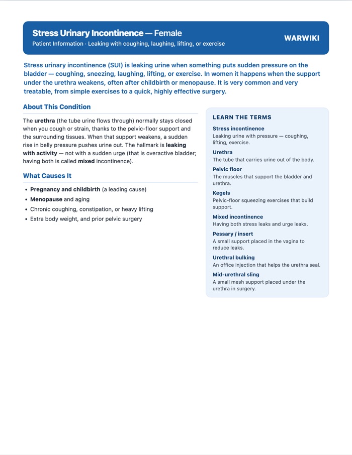 Stress Urinary Incontinence (Female) — patient handout, page 1