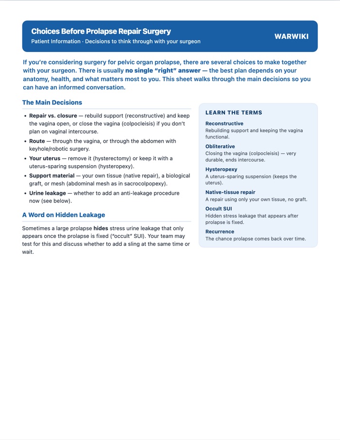 Choices Before Prolapse Repair Surgery — patient handout, page 1