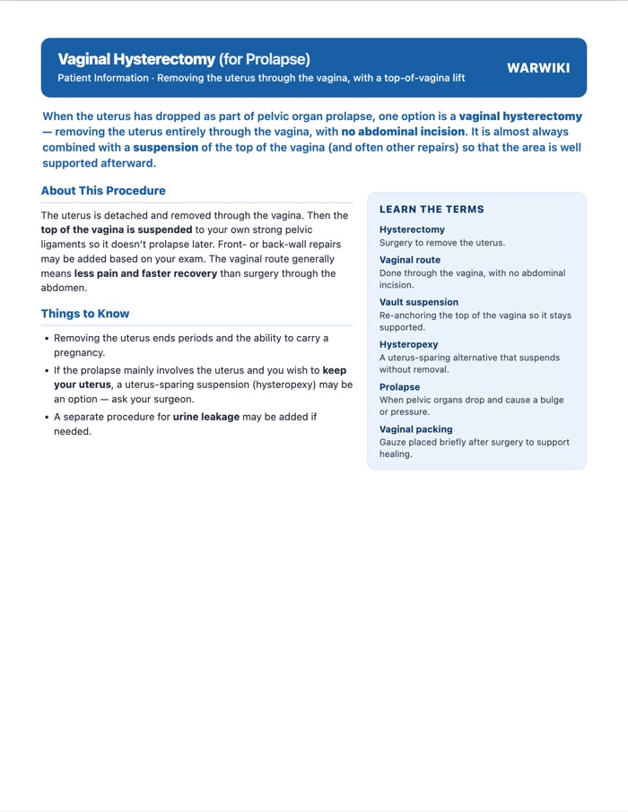 Vaginal Hysterectomy (for Prolapse) — patient handout, page 1
