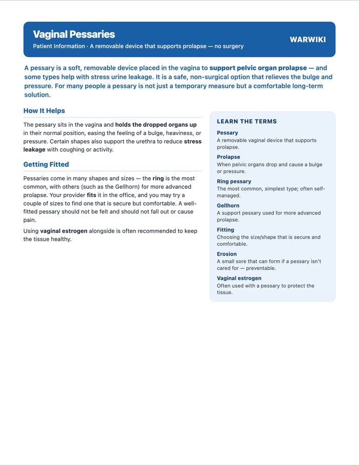 Vaginal Pessaries — patient handout, page 1