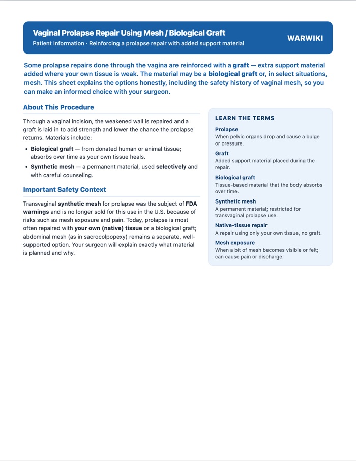 Vaginal Prolapse Repair Using Mesh / Graft — patient handout, page 1