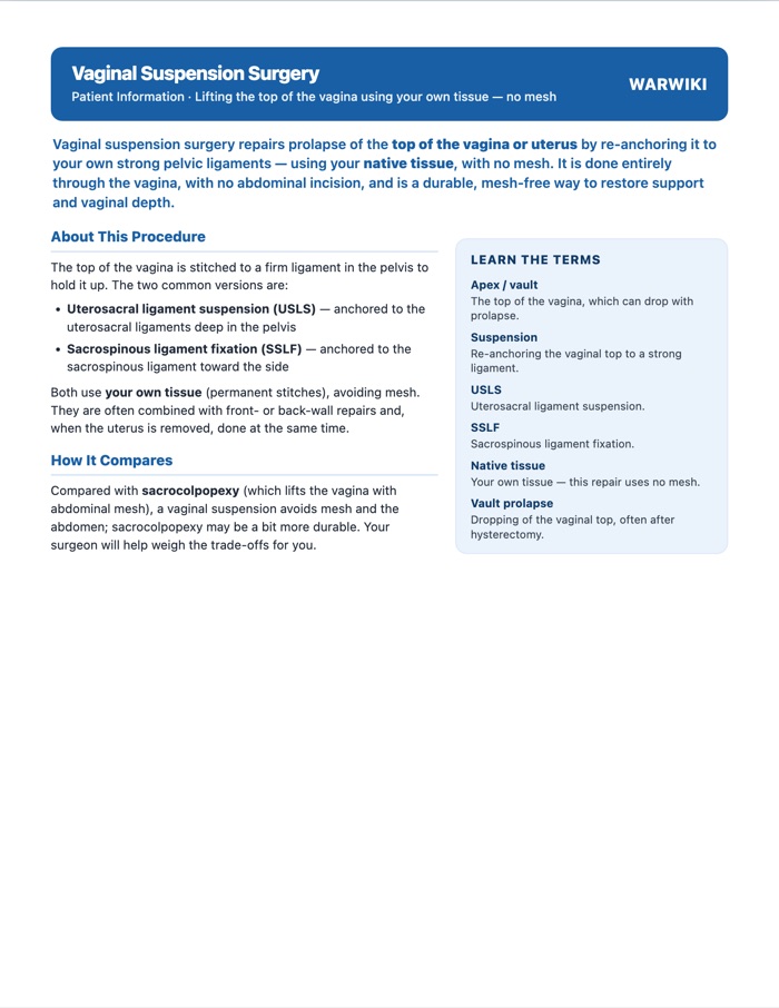 Vaginal Suspension Surgery — patient handout, page 1