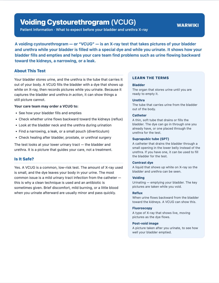 Voiding Cystourethrogram (VCUG) — patient handout, page 1